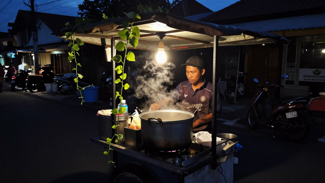 Predawn Street Food Vendor in Denpasar Indonesia Cooking Pot with Vine in in Denpasar, Indonesia