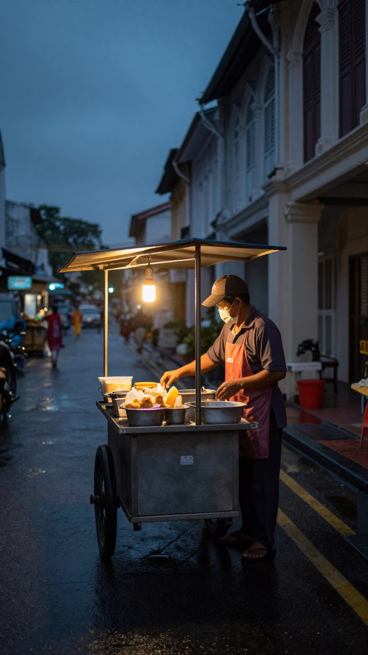 Predawn street food vendor in George Town Malaysia preparing breakfast with lantern light in in George Town, Malaysia