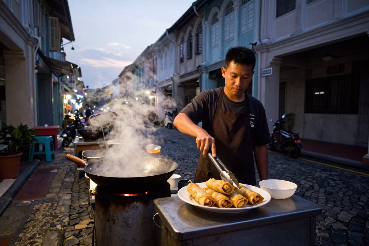 Predawn Street Food Vendor in George Town Malaysia with Steam and Cobblestones in in George Town, Malaysia