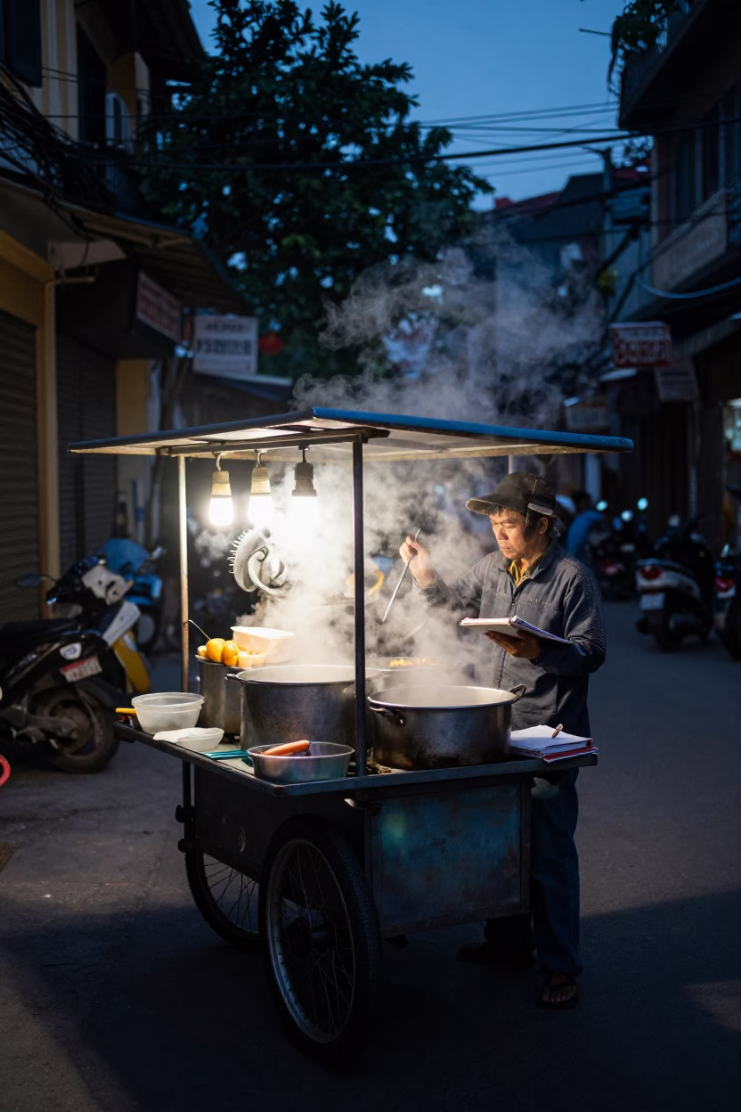 Predawn street food vendor in Hanoi Vietnam with steam and notebooks in in Hanoi, Vietnam