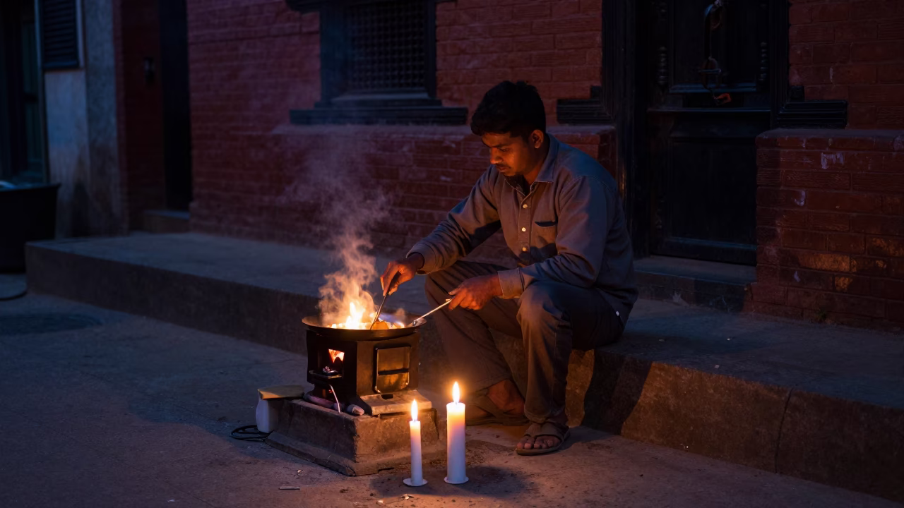 Predawn Street Food Vendor in Kathmandu Nepal Cooking Breakfast with Candlelight and Steam in in Kathmandu, Nepal