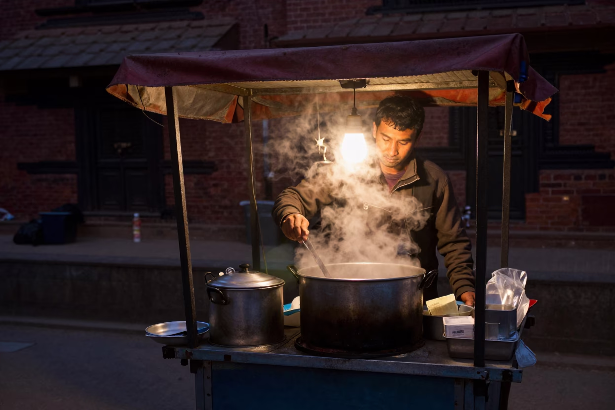 Predawn Street Food Vendor in Kathmandu Nepal Cooking Early Morning Tea in in Kathmandu, Nepal