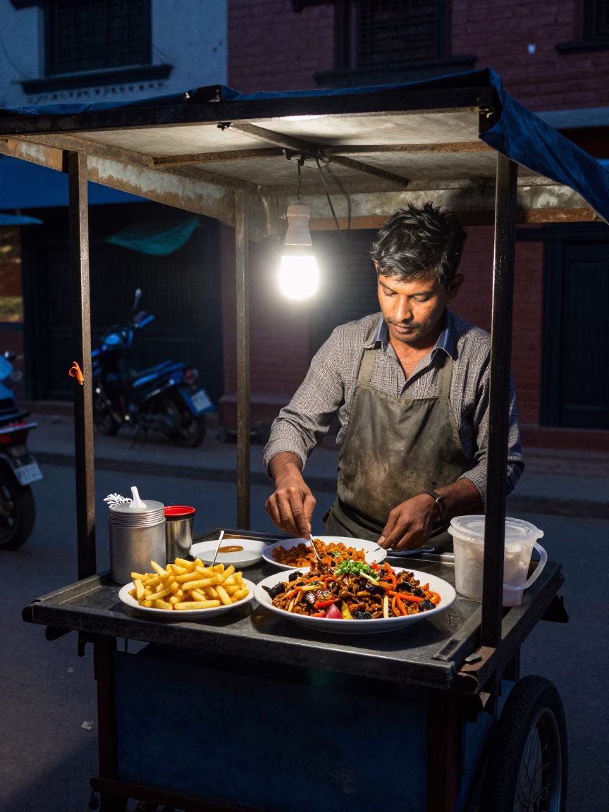 Predawn Street Food Vendor in Kathmandu Nepal Preparing Lomo Saltado for Early Morning Customers in in Kathmandu, Nepal