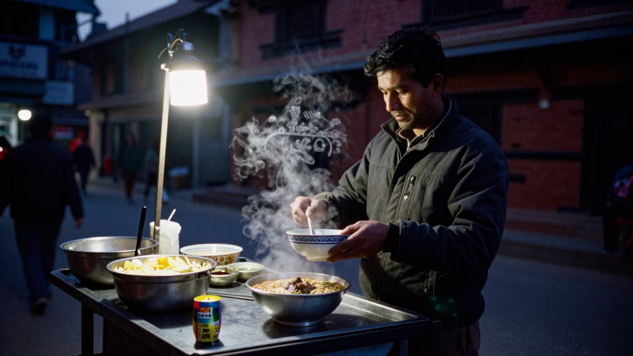 Predawn Street Food Vendor in Kathmandu Nepal Serving Thukpa in in Kathmandu, Nepal