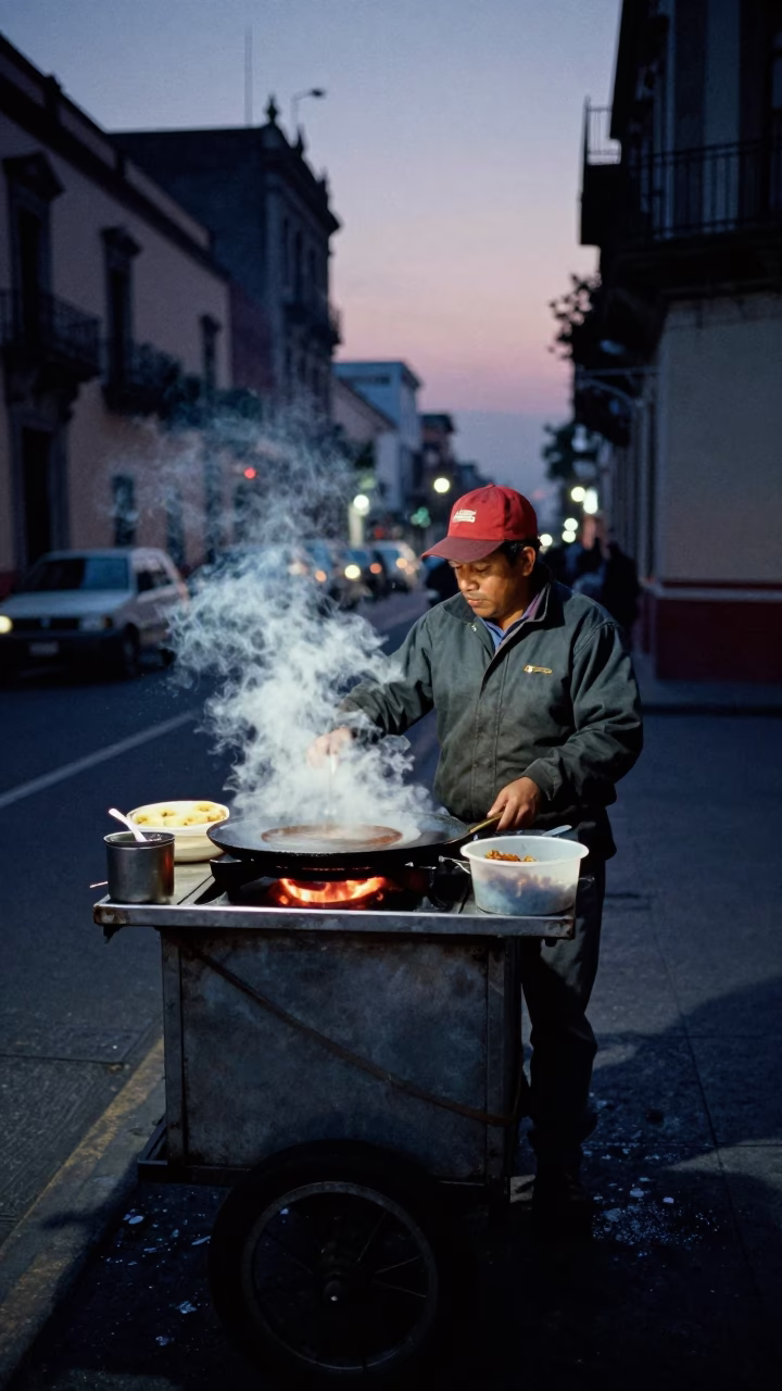 Predawn Street Food Vendor in Mexico City with Steaming Comal and Condensation in in Mexico City, Mexico
