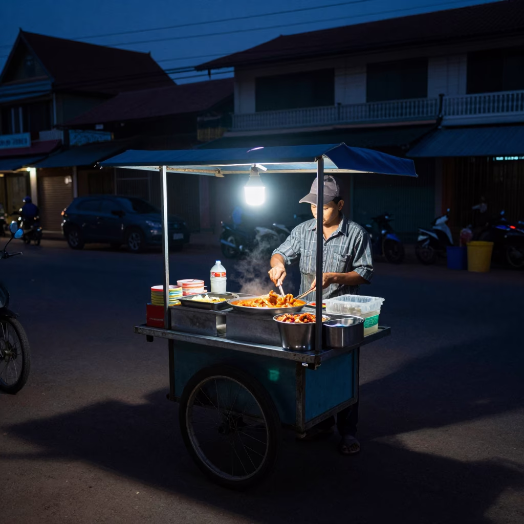 Predawn Street Food Vendor in Phnom Penh Cambodia Serving Tom Yum Goong in in Phnom Penh, Cambodia