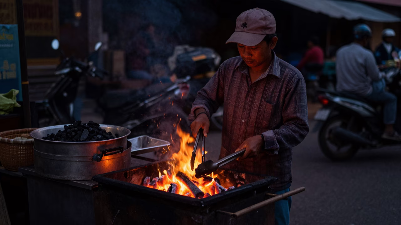 Predawn Street Food Vendor in Phnom Penh Cambodia with Coal and Tongs in in Phnom Penh, Cambodia