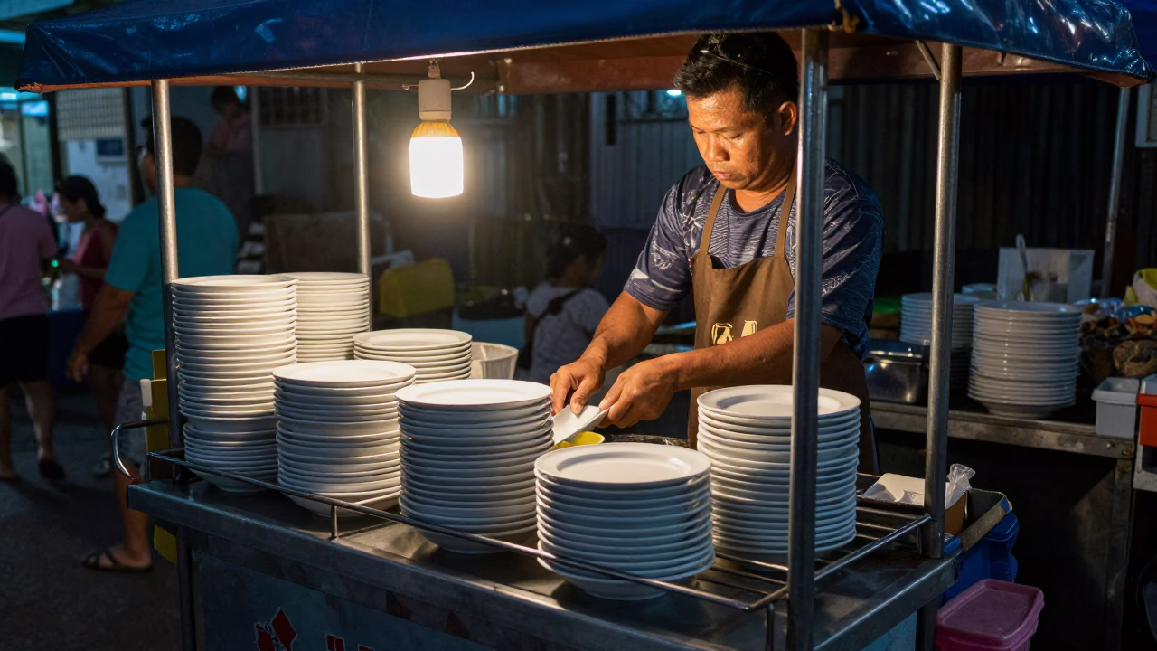 Predawn Street Food Vendor in Phuket Thailand Cooking with Ceramic Plates in in Phuket, Thailand
