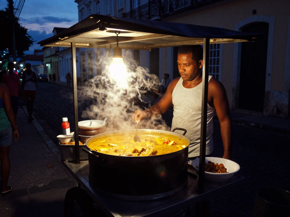 Predawn street food vendor in Salvador Brazil with bubbling curry and crispy congee in in Salvador, Brazil