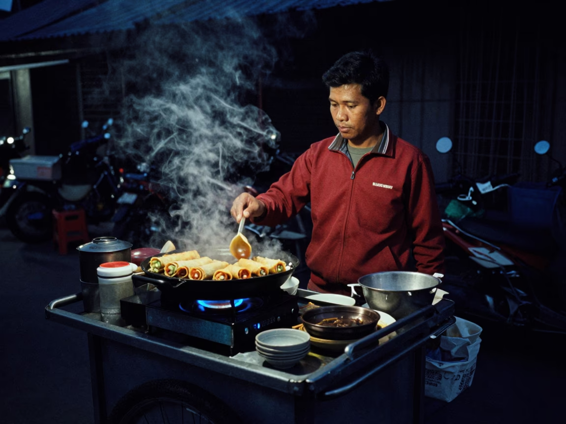 Predawn Street Food Vendor in Surabaya Indonesia Cooking Lumpia Spring Rolls in in Surabaya, Indonesia