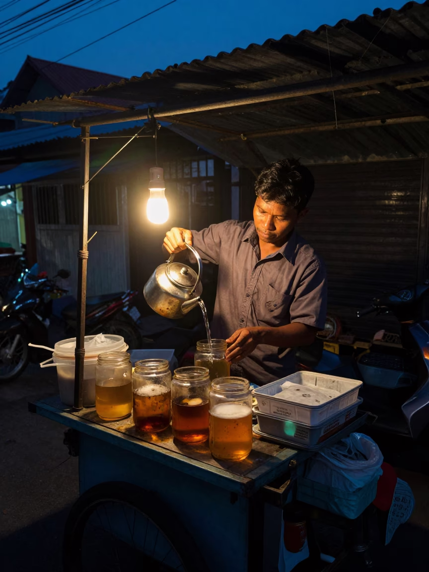 Predawn Street Food Vendor in Surabaya Indonesia Preparing Tea with Stained Glass Window in in Surabaya, Indonesia