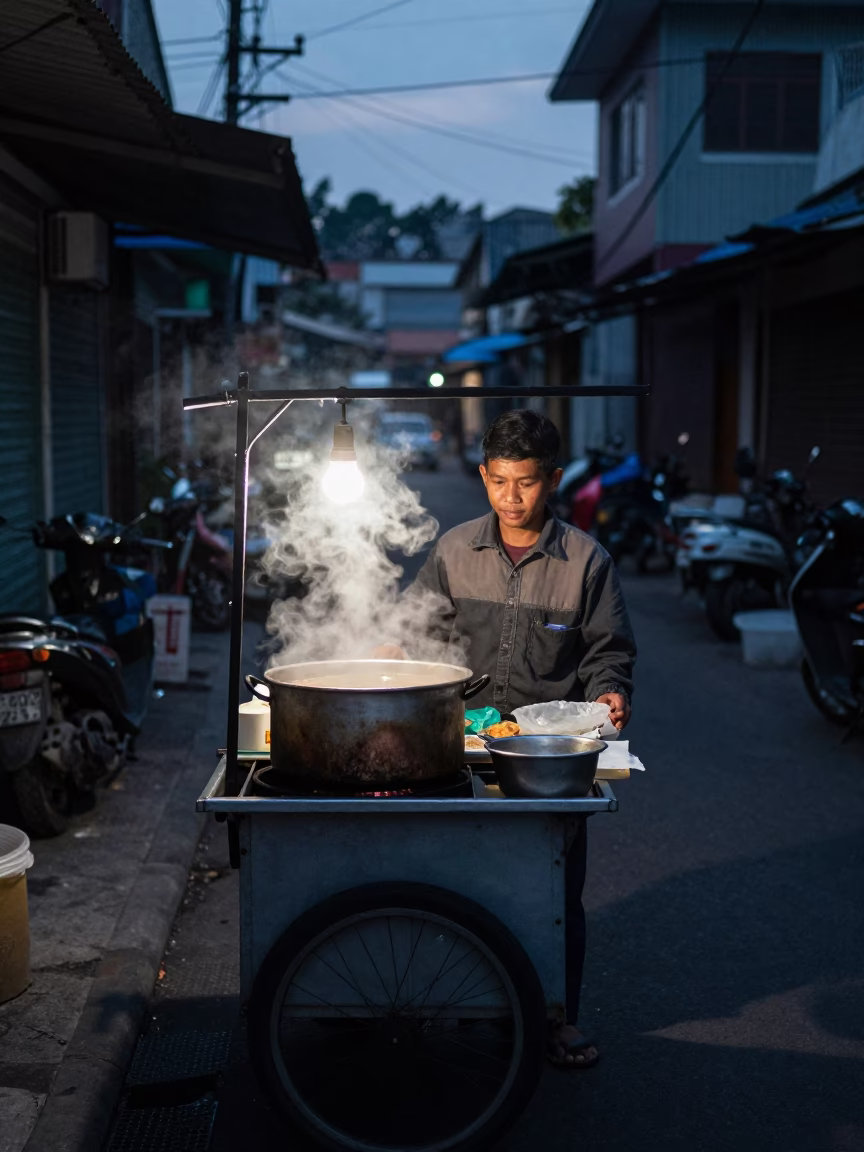 Predawn Street Food Vendor in Surabaya Indonesia with Steam and Folding Chair in in Surabaya, Indonesia