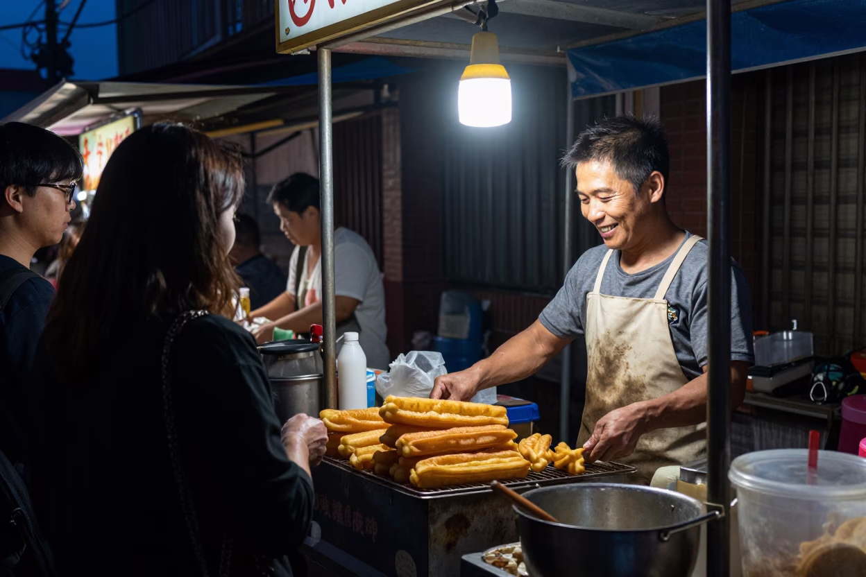 Predawn Street Food Vendor in Tainan Taiwan Serving Late Night Customers in in Tainan, Taiwan