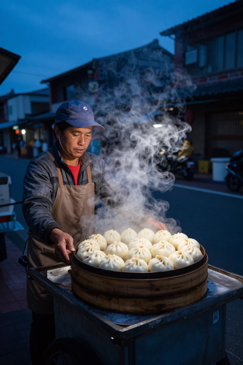 Predawn Street Food Vendor in Tainan Taiwan Steaming Bamboo Tray of Char Siu Bao in in Tainan, Taiwan