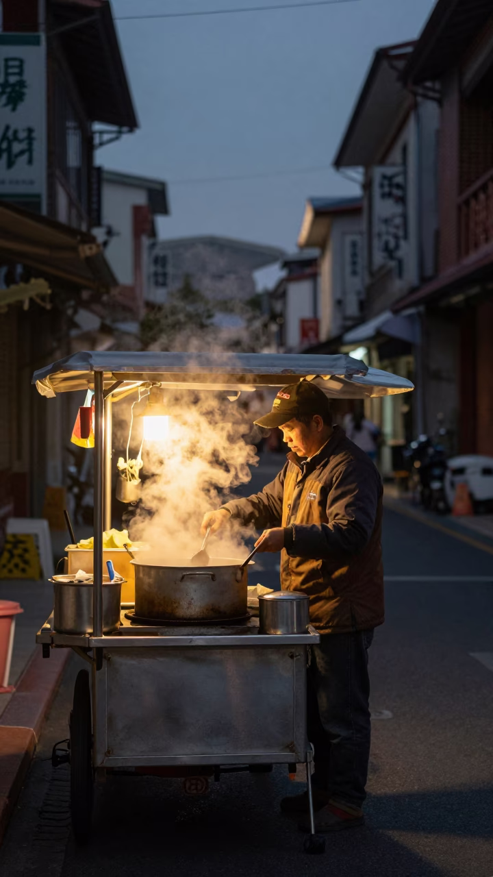 Predawn Street Food Vendor in Tainan Taiwan with Steam and Urban Light in in Tainan, Taiwan