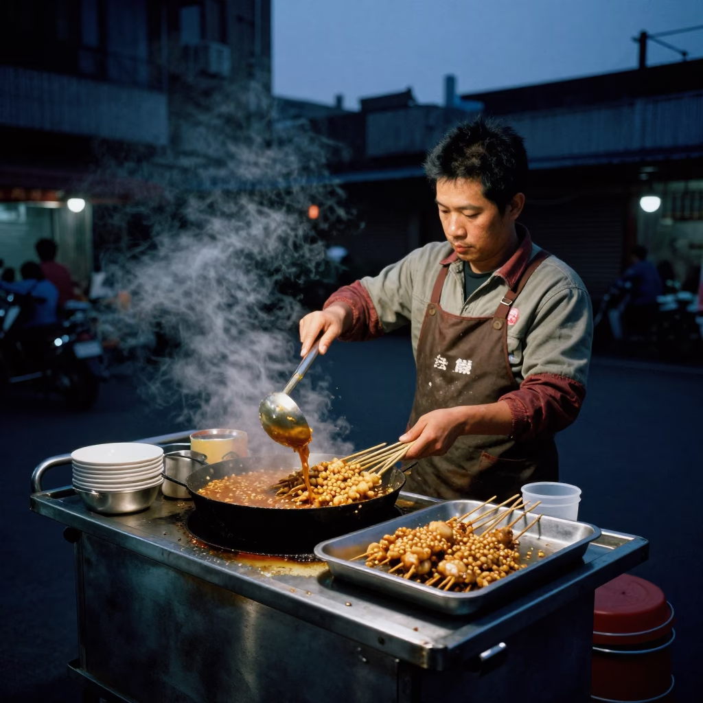 Predawn Street Food Vendor in Taipei Taiwan Cooking Skewers with Ladle in in Taipei, Taiwan