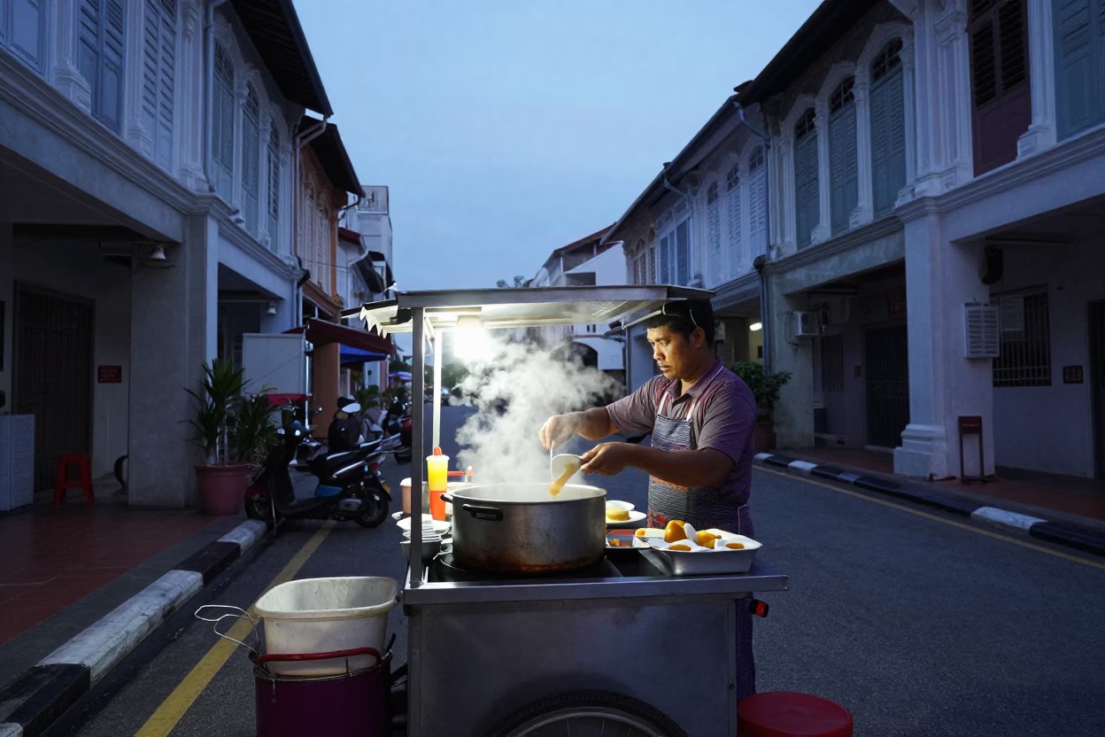 Predawn Street Food Vendor Preparing Breakfast in George Town Malaysia in in George Town, Malaysia