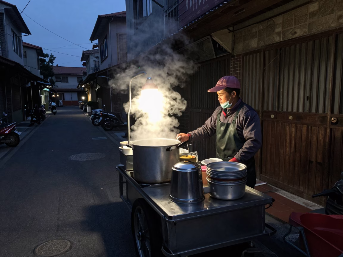 Predawn street food vendor preparing breakfast in Tainan Taiwan early morning light in in Tainan, Taiwan