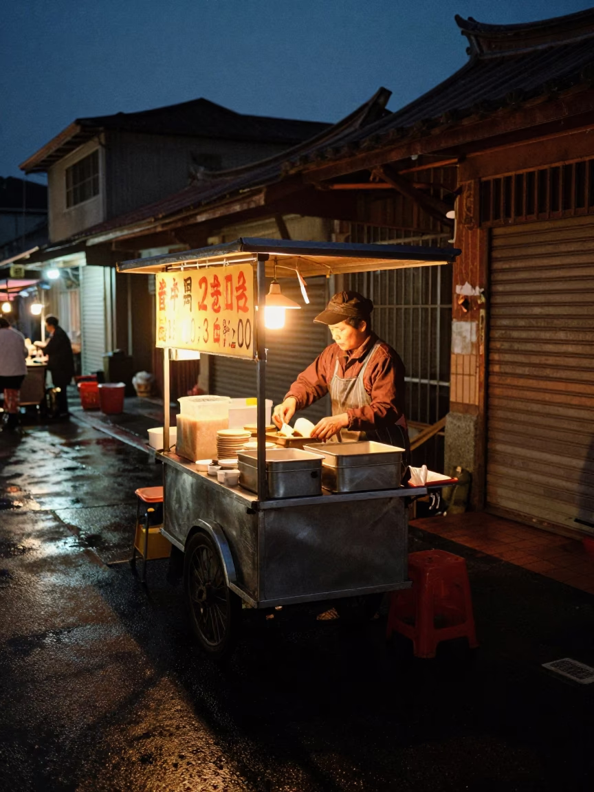 Predawn street food vendor preparing breakfast in Tainan Taiwan night market area in in Tainan, Taiwan