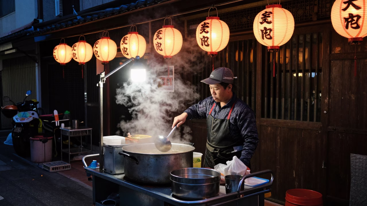 Predawn street food vendor preparing breakfast in Tainan Taiwan in in Tainan, Taiwan