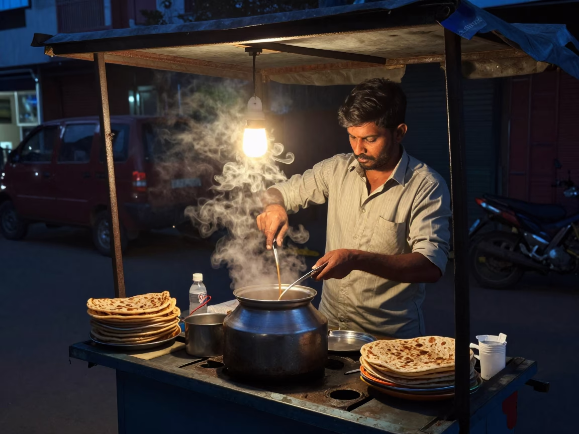 Predawn street food vendor preparing chai and parathas in busy Hyderabad India in in Hyderabad, India