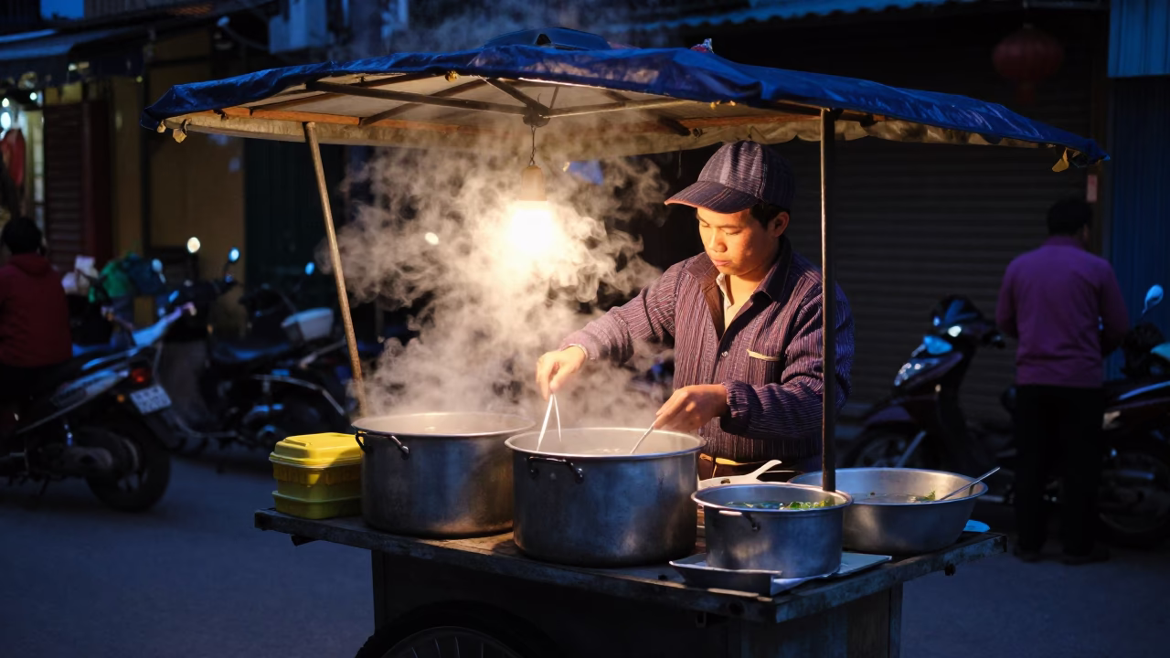 Predawn street food vendor preparing pho in Hanoi Vietnam with steam rising from bowls in in Hanoi, Vietnam