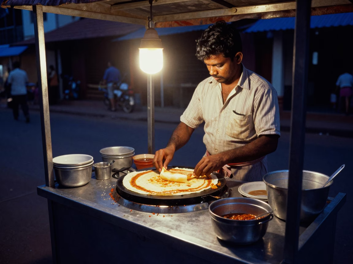 Predawn street food vendor preparing spicy Kerala dosa in Kochi India in in Kochi, India