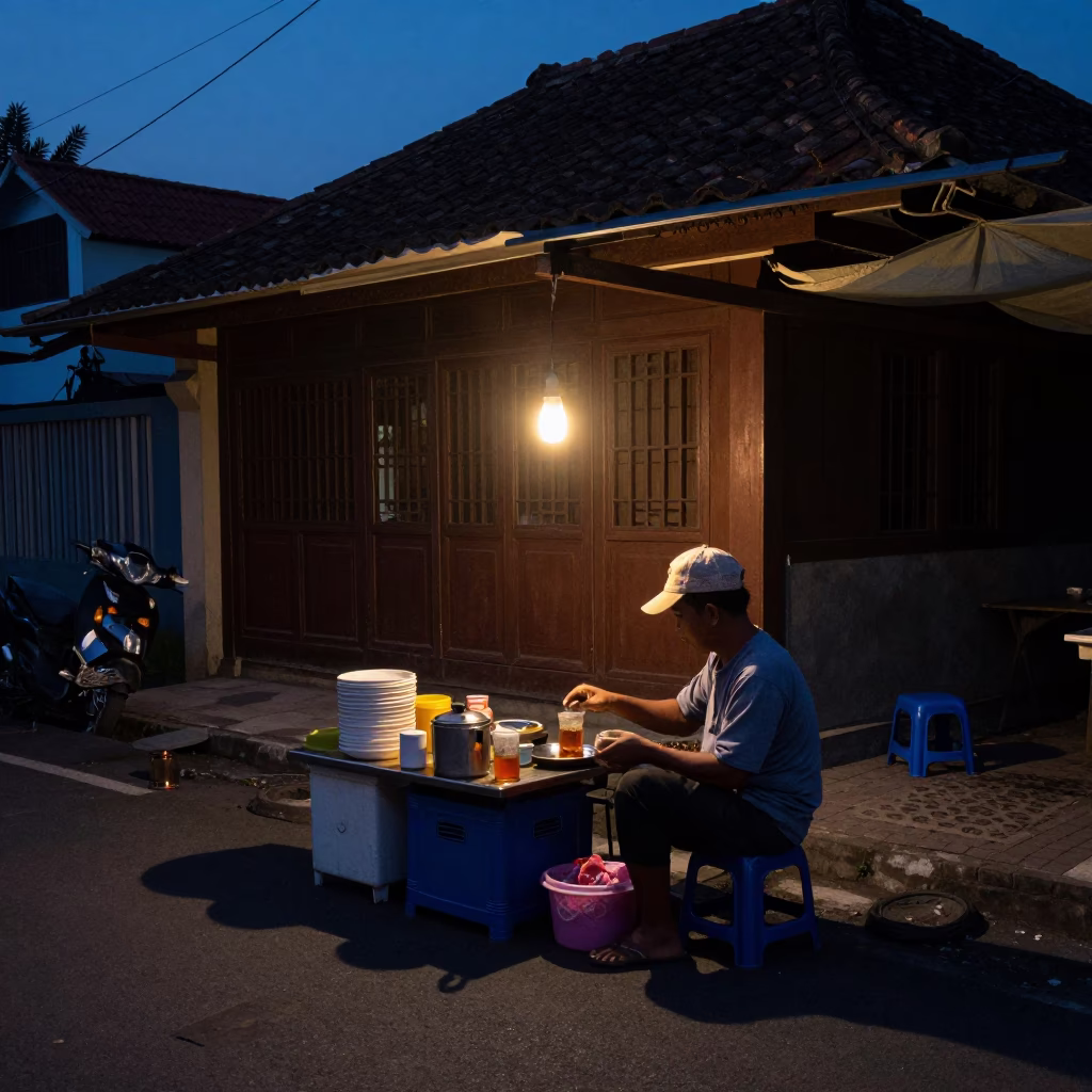 Predawn street food vendor preparing tea near traditional Yogyakarta temple gate in in Yogyakarta, Indonesia