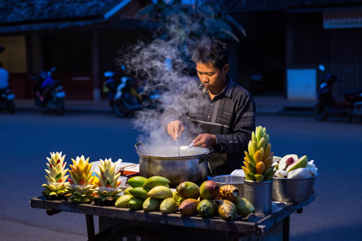 Predawn street food vendor preparing Thai fruit carvings in Luang Prabang Laos in in Luang Prabang, Laos