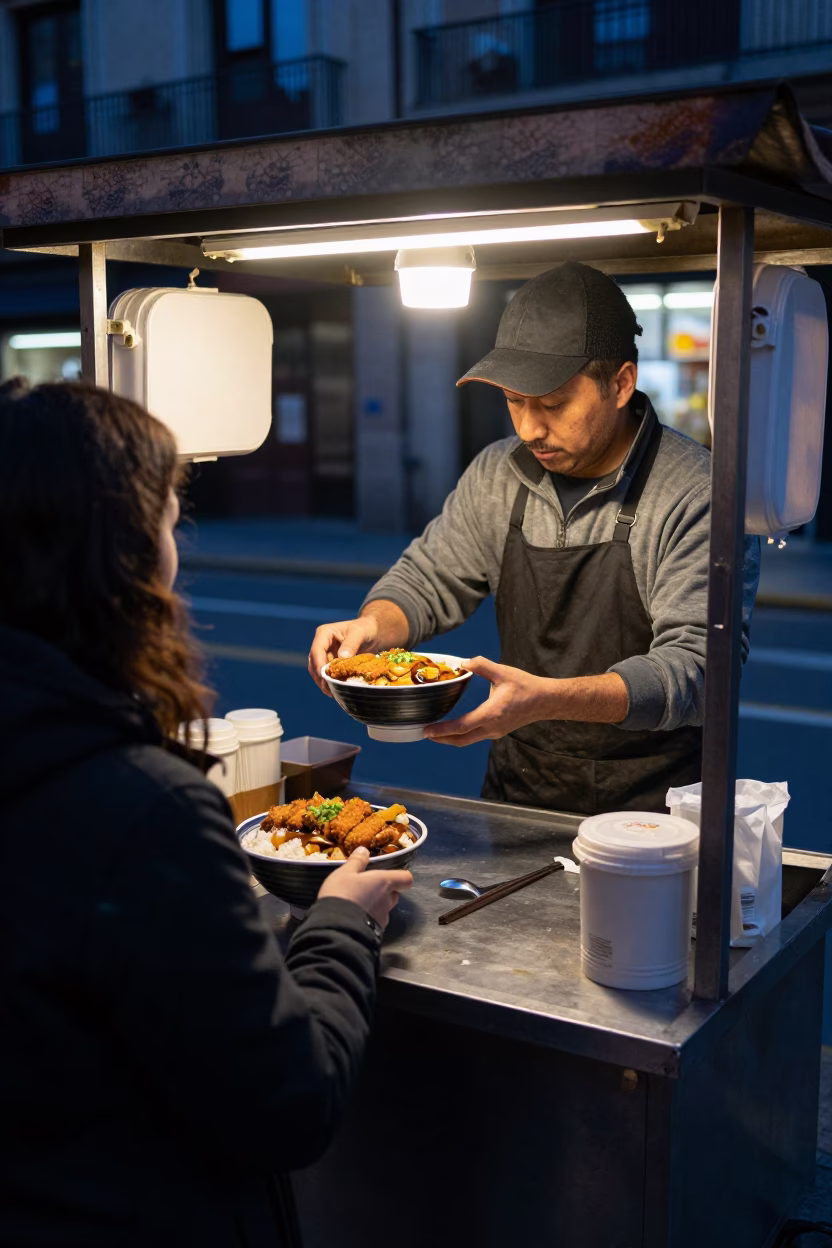 Predawn street food vendor serving breakfast in Bilbao Spain with ceramic dome in in Bilbao, Spain