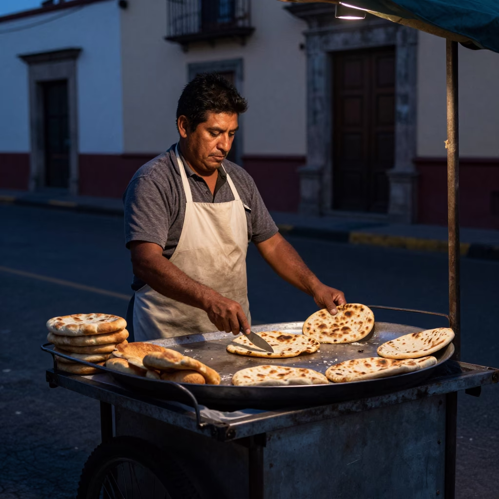Predawn street food vendor serving hot bread in Oaxaca Mexico city center in in Oaxaca, Mexico