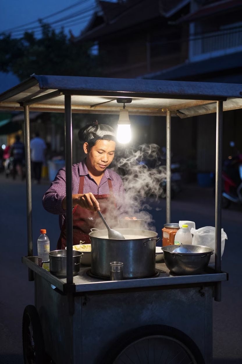 Predawn Street Food Vendor Serving Hot Congee in Chiang Mai Thailand in in Chiang Mai, Thailand