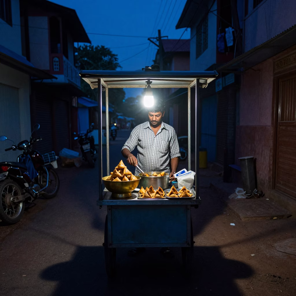 Predawn Street Food Vendor Serving Samosas on Brass Plates in Kochi India in in Kochi, India