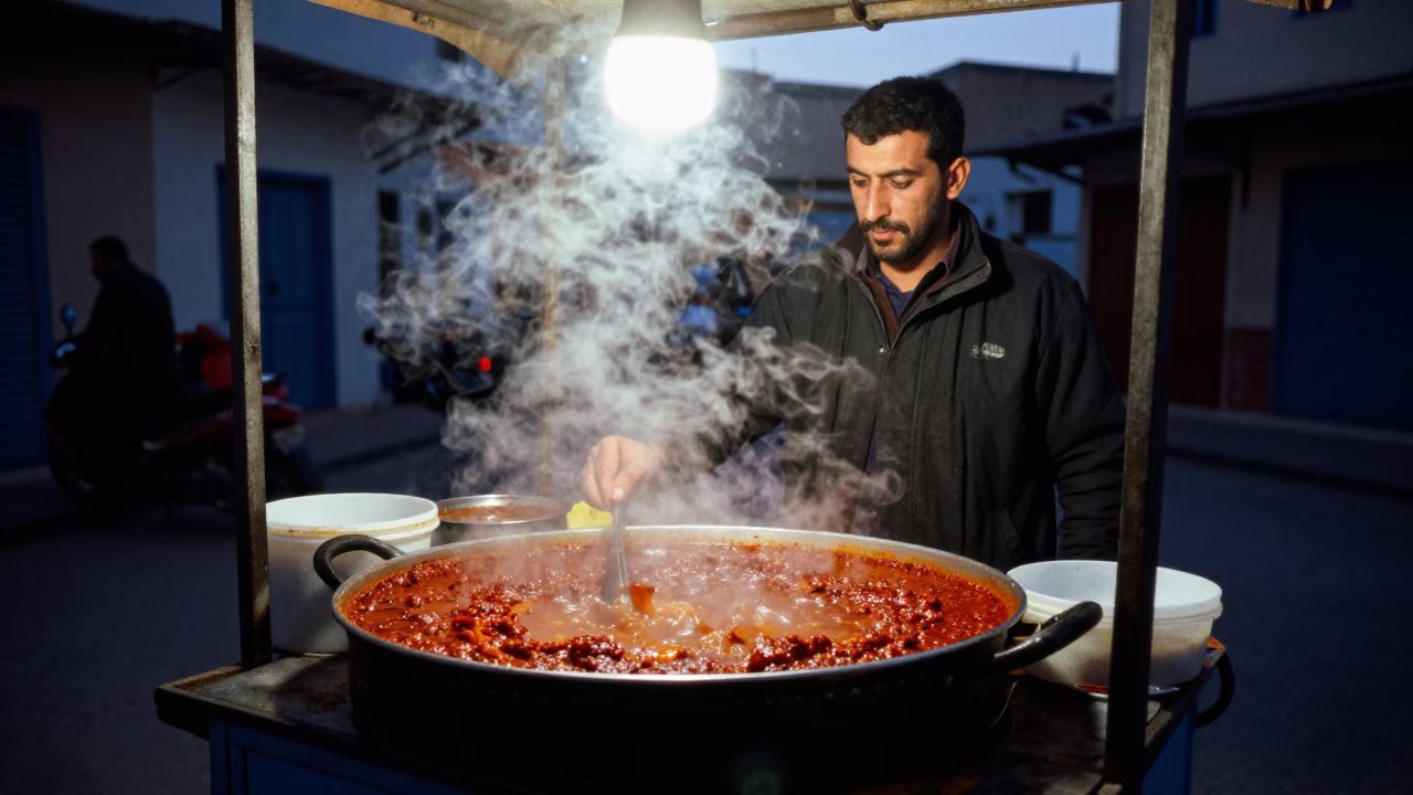 Predawn street food vendor serving steaming harissa and bread in Tunis Tunisia in in Tunis, Tunisia