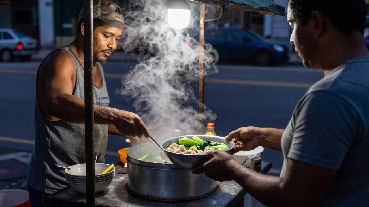Predawn street food vendor serving steaming hot soup in São Paulo Brazil in in São Paulo, Brazil