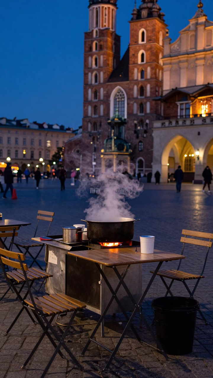 Predawn Street Kitchen Scene in Krakow Poland with Folding Tables and Saucepan in in Krakow, Poland