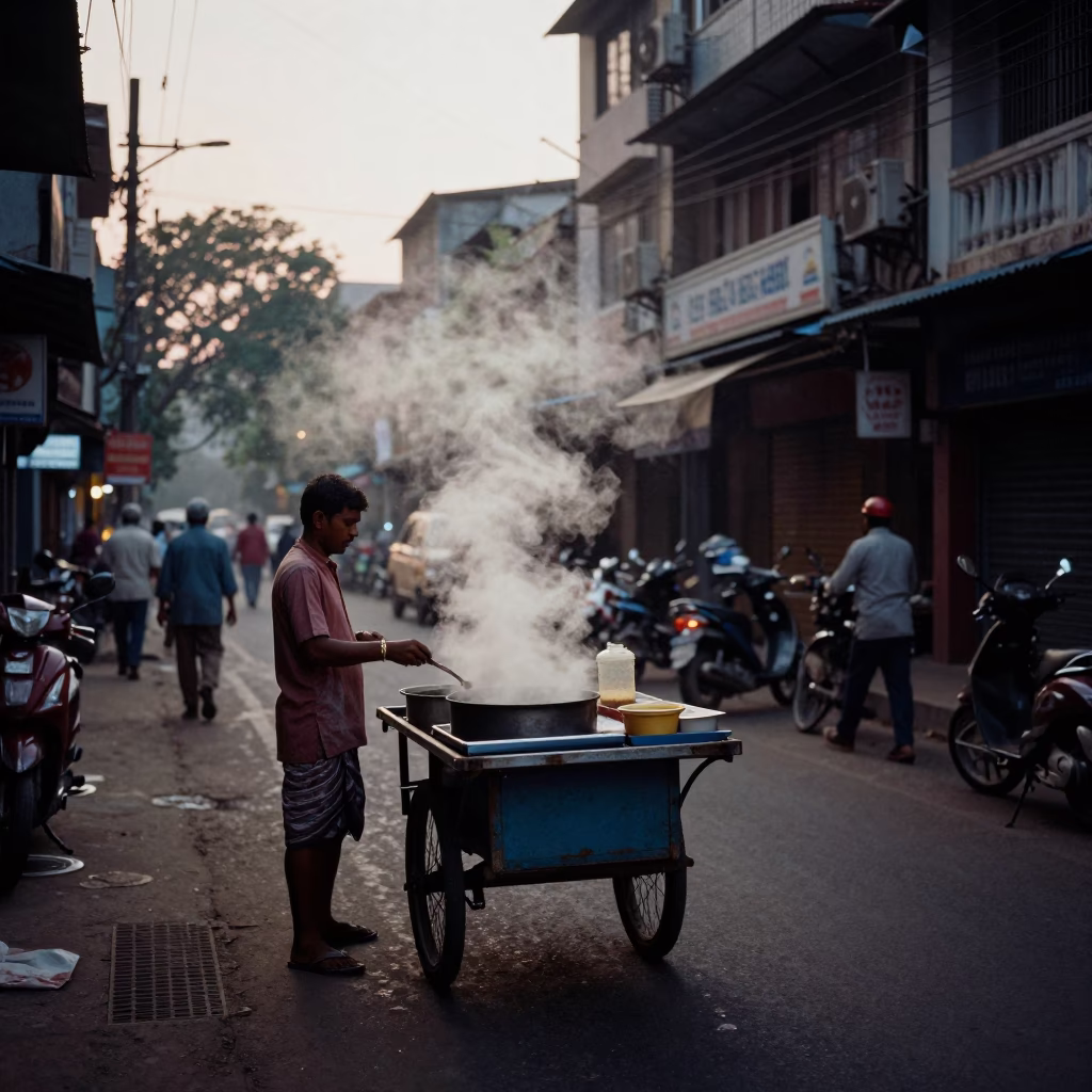 Predawn Street Life in Chennai India with Steam Haze and Vintage Scooter in in Chennai, India