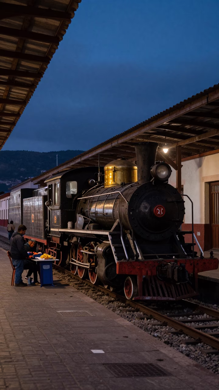 Predawn Street Life in Cusco Peru with Heritage Steam Locomotive and Local Vendors in in Cusco, Peru