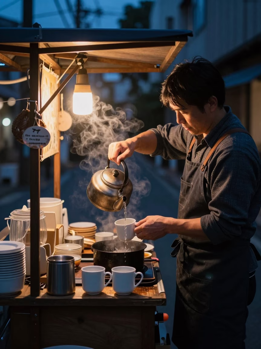Predawn Street Life in Fukuoka Japan with Coffee Mugs and Tea Kettles in in Fukuoka, Japan