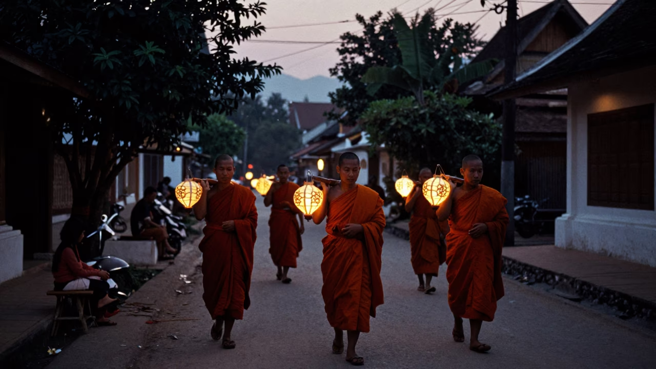 Predawn Street Life in Luang Prabang Laos Monks Alms Giving Ritual in in Luang Prabang, Laos