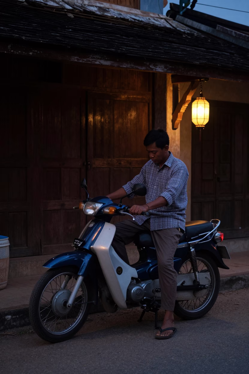 Predawn Street Life in Luang Prabang Laos with Vintage Motorcycle and Chai in in Luang Prabang, Laos