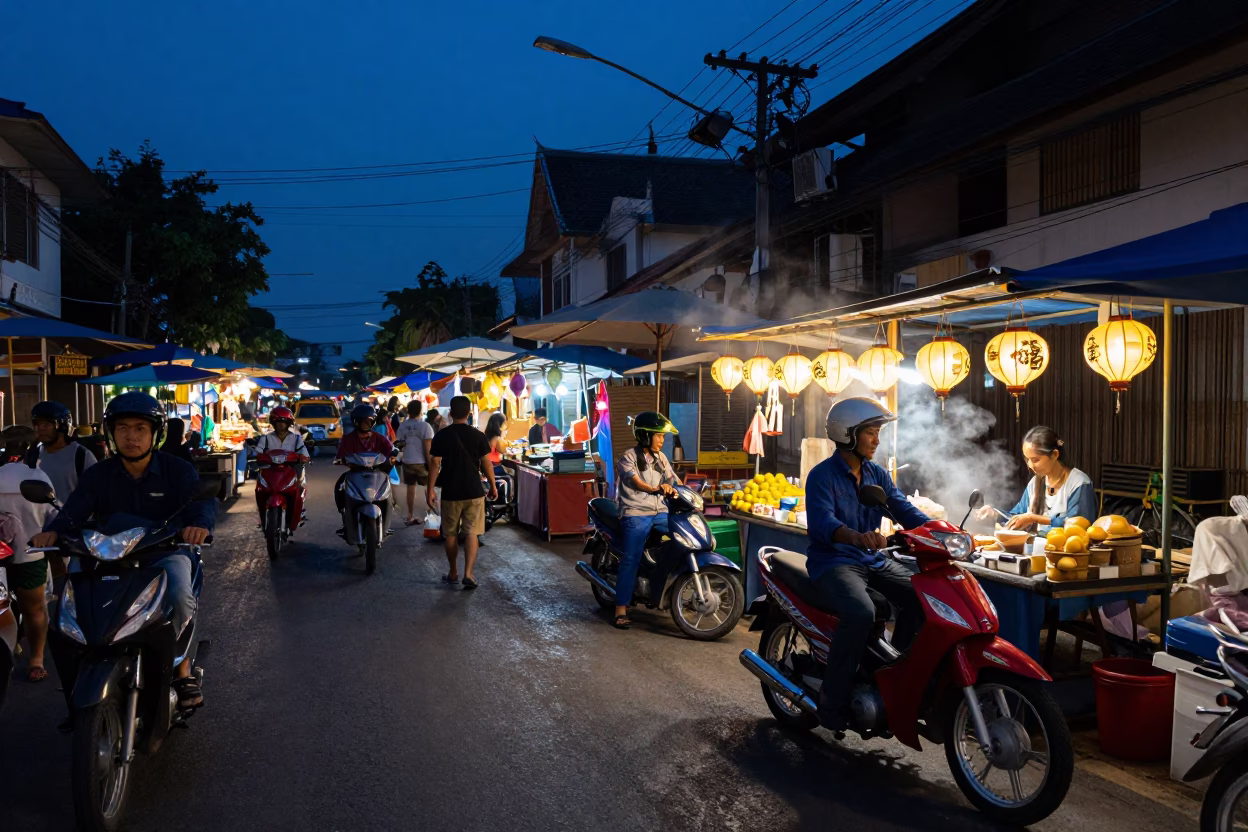 Predawn Street Market Activity in Chiang Mai Thailand with Lanterns and Early Vendors in in Chiang Mai, Thailand
