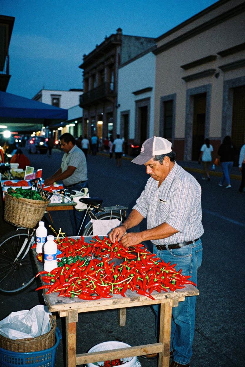Predawn Street Market Activity in Guadalajara Mexico with Chili Peppers and Bicycle Basket in in Guadalajara, Mexico
