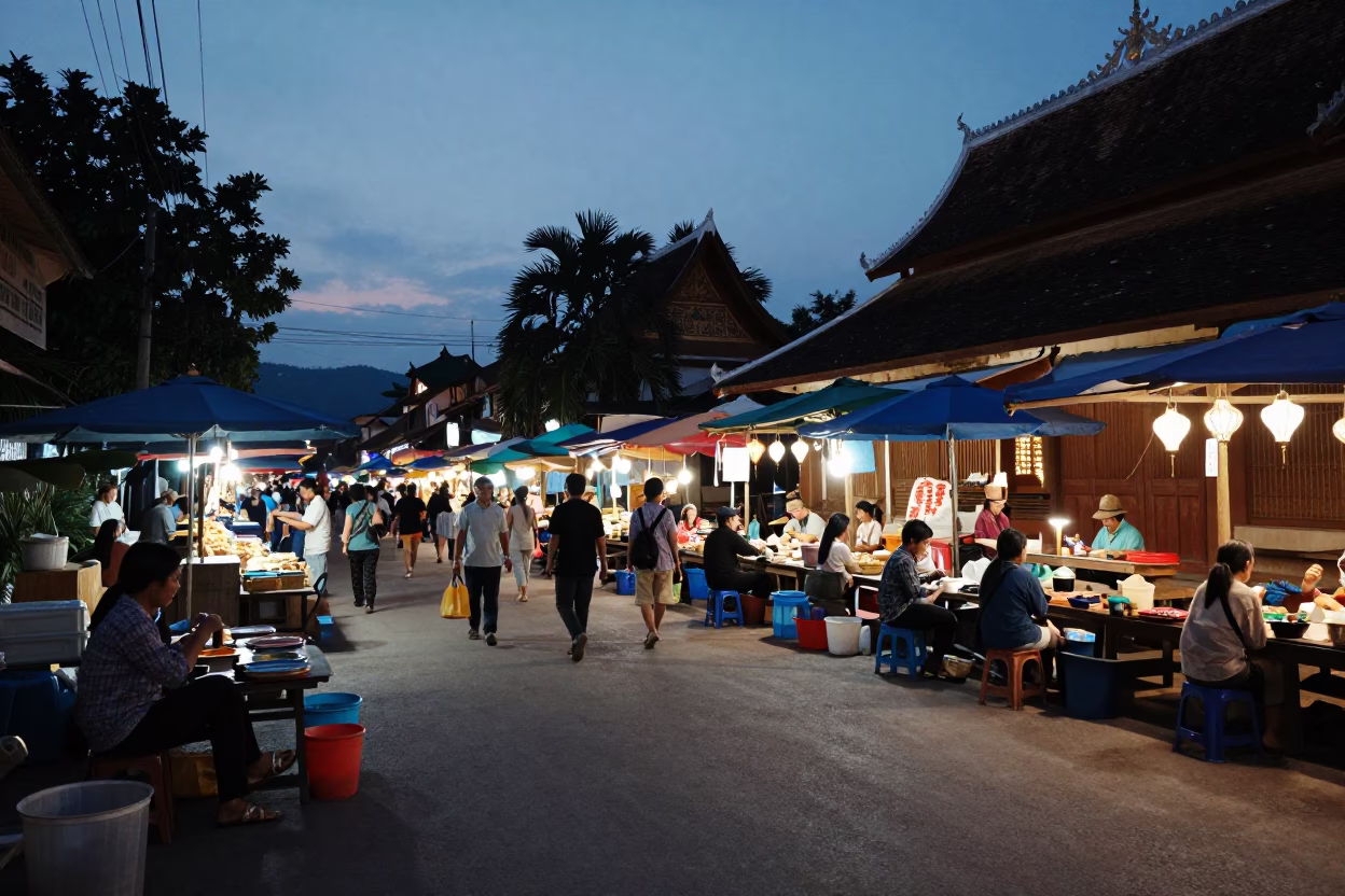 Predawn Street Market Activity in Luang Prabang Laos with Local Vendors and Motorcycles in in Luang Prabang, Laos