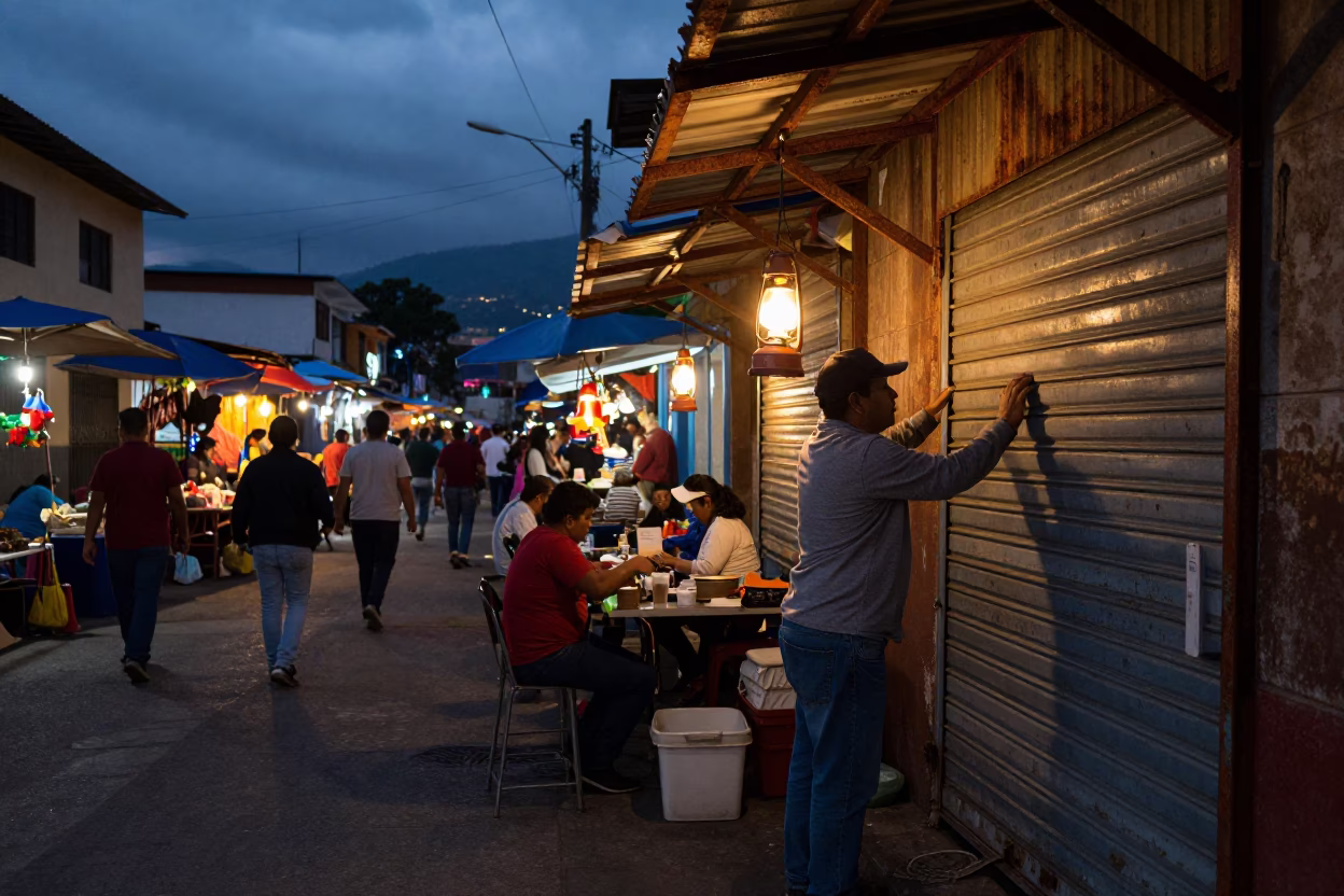 Predawn Street Market Activity in Medellin Colombia with Rusty Metal Frames and Twine in in Medellin, Colombia