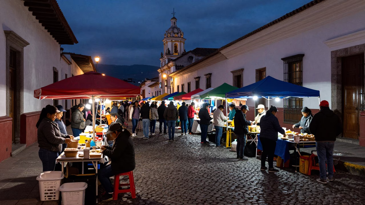 Predawn Street Market Activity in Quito Ecuador with Local Vendors and Urban Infrastructure in in Quito, Ecuador
