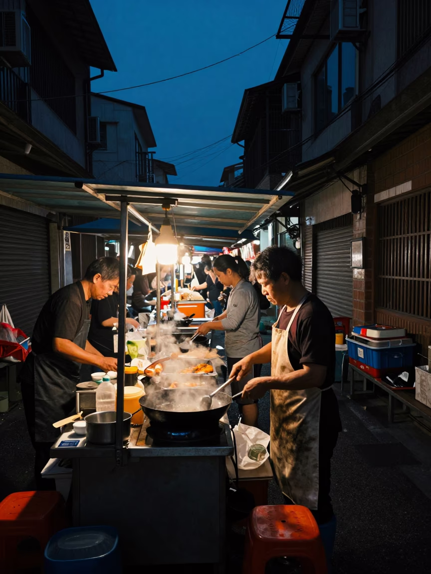 Predawn Street Market in Tainan Taiwan with Local Vendors and Street Food in in Tainan, Taiwan