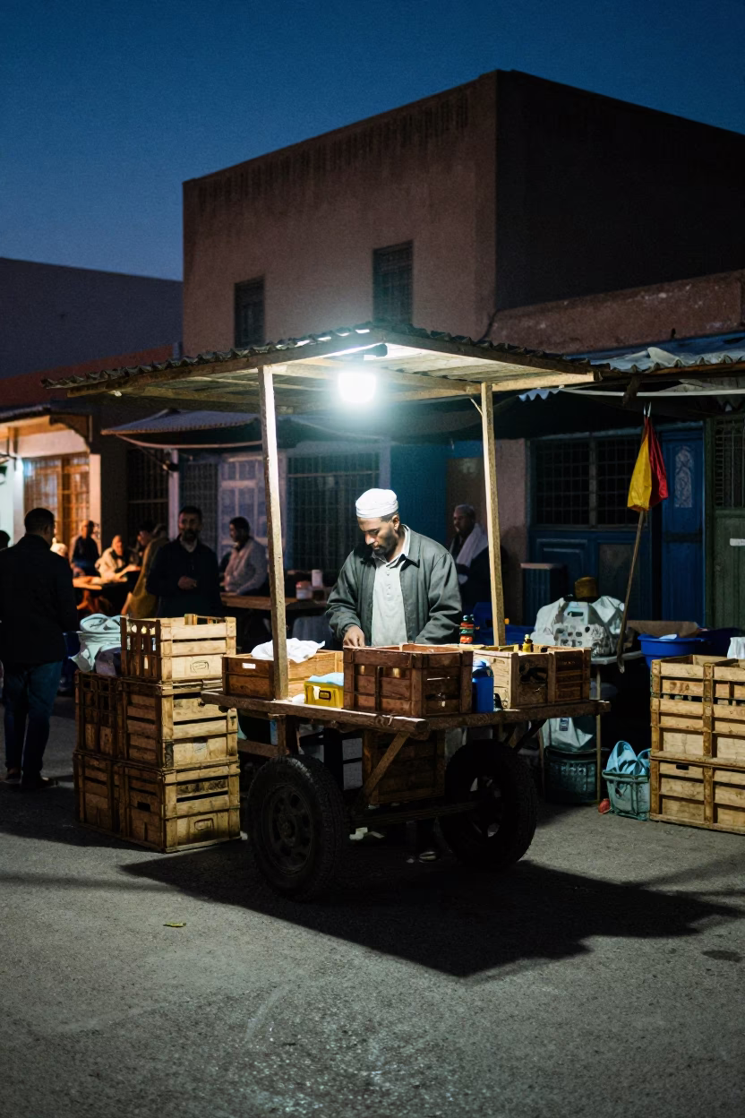 Predawn Street Market Scene in Casablanca Morocco with Wooden Crates and Early Morning Activity in in Casablanca, Morocco