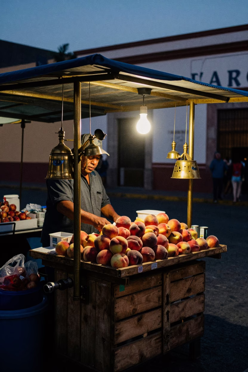 Predawn Street Market Stall in Guadalajara Mexico with Brass Fixtures and Peaches in in Guadalajara, Mexico