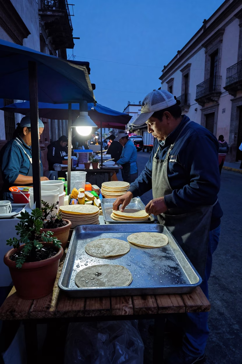 Predawn Street Market Stall in Guadalajara Mexico with Condensation and Potted Succulents in in Guadalajara, Mexico